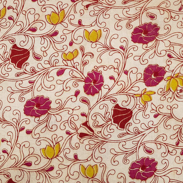 Pure Cotton Kalamkari Cream With Pink And Yellow Flower Jaal Hand Block Print Fabric