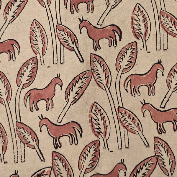 Pure Cotton Kalamkari Cream With Pink Horse With Tree  Hand Block Print Fabric