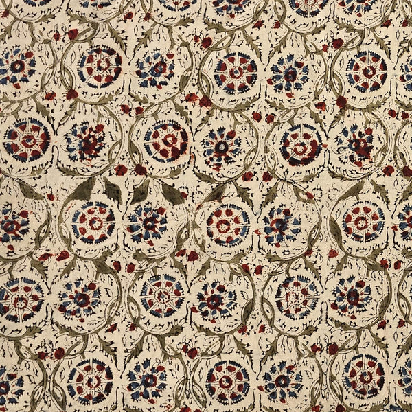 Pure Cotton Kalamkari Cream With Red And Blue Flower Jaal Hand Block Print Fabric