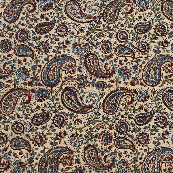 Pure Cotton Kalamkari Cream With Red And Blue Kairi Jaal Hand Block Print Fabric