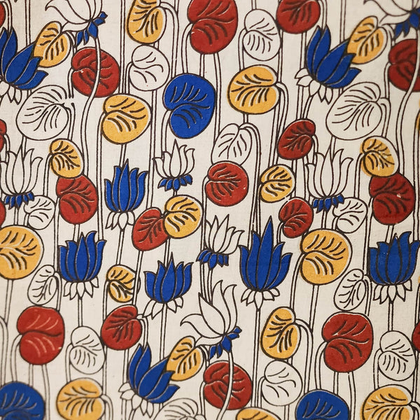 Pure Cotton Kalamkari Cream With Red And Blue Lotus Hand Block Print Fabric