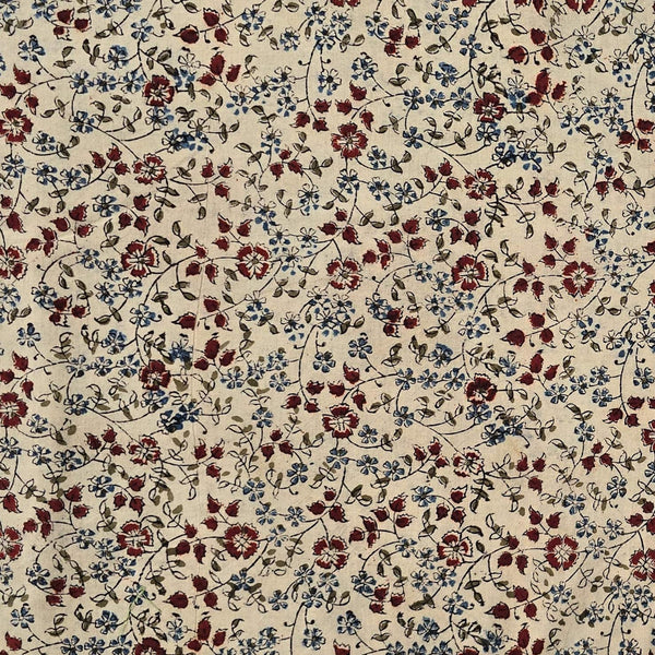 Pure Cotton Kalamkari Cream With Red And Blue Tiny Flower Jaal Hand Block Print Fabric