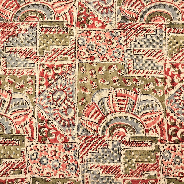 Pure Cotton Kalamkari Cream With Red Intricate Design Hand Block Print Fabric