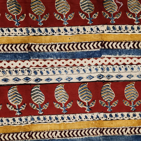 Pure Cotton Kalamkari Cream With Rust And Blue And Mustard Big Kairi Border Hand Block Print Fabric