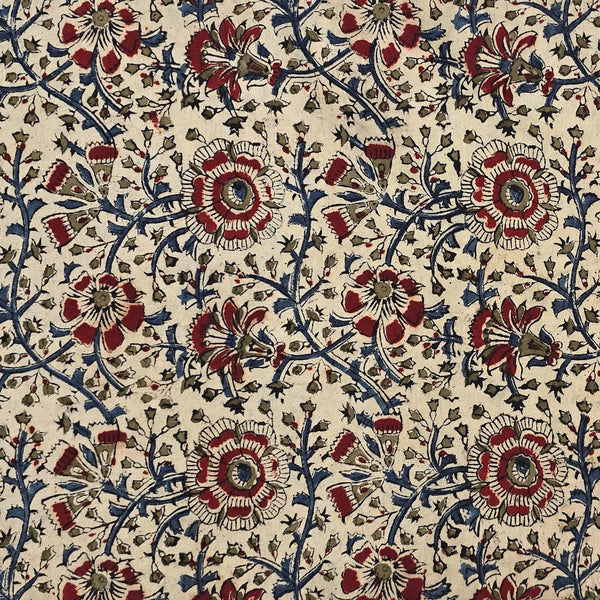 Pure Cotton Kalamkari Cream With Rust Red And Blue Flower Jaal Hand Block Print Fabric