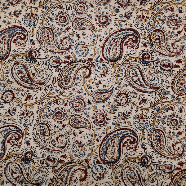 Pure Cotton Kalamkari Cream With Rust Red And Blue Kairi Jaal Hand Block Print Fabric