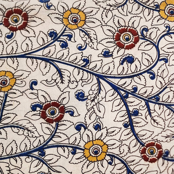 Pure Cotton Kalamkari Cream With Yellow And Red Jaal Flower Hand Block Print Fabric