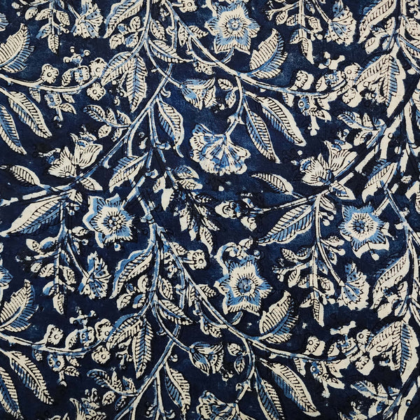 Pure Cotton Kalamkari Dark Blue With Cream  Wild Jungle Flower Hand Block Print Fabric