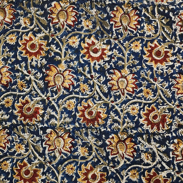 Pure Cotton Kalamkari Dark Blue With Rust And Light Yellow Flowers Jaal Hand Block Print Fabric