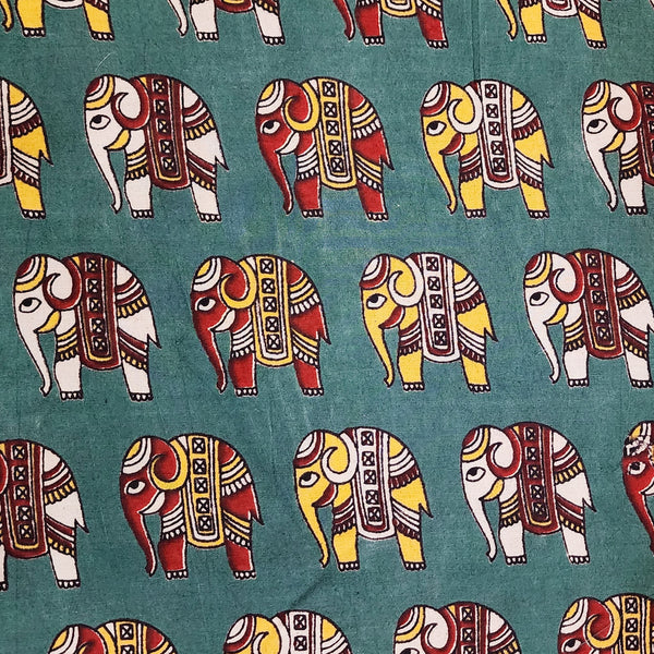 Pure Cotton Kalamkari Dark Green With Maroon And Red Elephant Hand Block Print Fabric