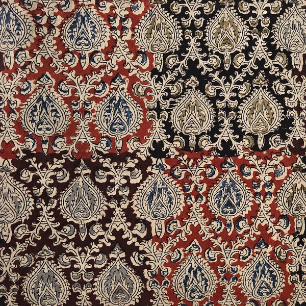 Pure Cotton Kalamkari Dark Maroon And Red Heart Jaal Hand Block Print Fabric