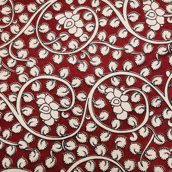 Pure Cotton Kalamkari Dark Red With Cream  Flower Jaal Hand Block Print Fabric