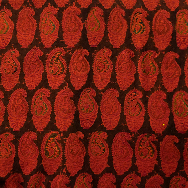 Pure Cotton Kalamkari Doby Black With Orange Red Kairi Hand Block Print Fabric