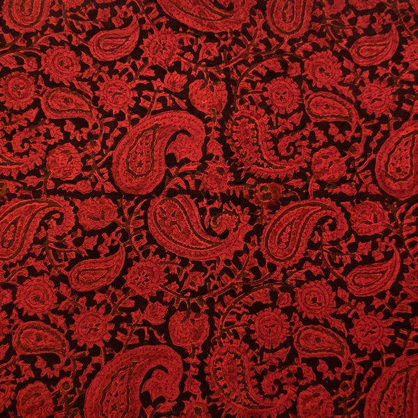 Pure Cotton Kalamkari Doby Black With Orange Red Kairi Jaal Hand Block Print Fabric