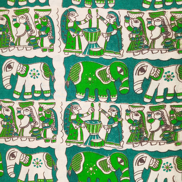 ( Pre-Cut 2 Meter ) Pure Cotton Kalamkari Green And Cream Elephants And Trade Dance Hand Block Print Fabric