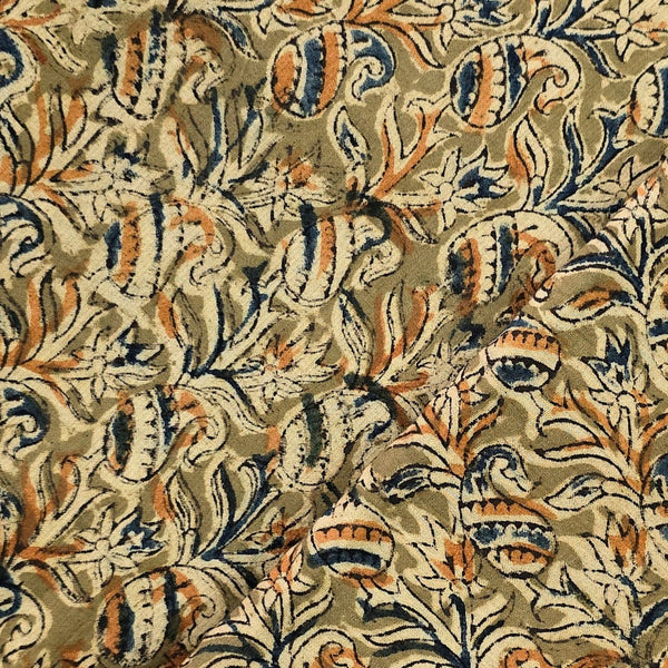 ( Pre-Cut 0.80 Meter ) Pure Cotton Kalamkari Green With Mustard Kairi Jaal Hand Block Print Fabric