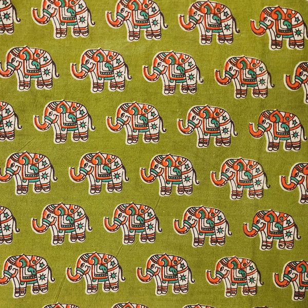 ( Pre-Cut 1.85 Meter ) Pure Cotton Kalamkari Green With Orange Elephant Motif Hand Block Print Fabric