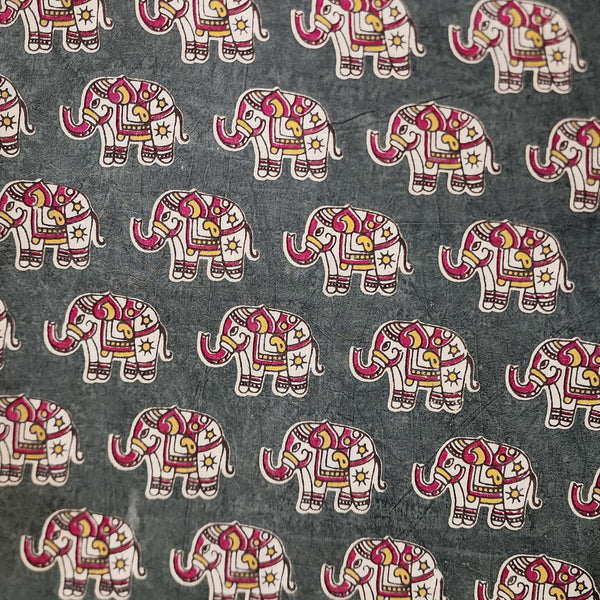 Pure Cotton Kalamkari Grey WIth Pink Elephant Motifs Hand Block Print Fabric