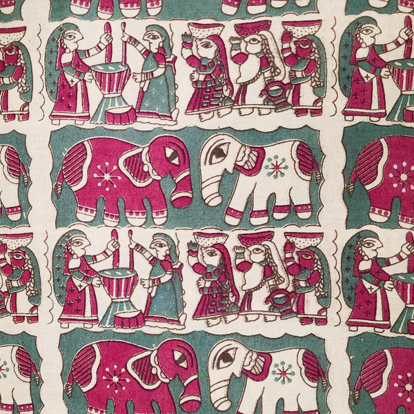 Pure Cotton Kalamkari Grey With Pink And Cream Elephant Motifs Hand Block Print Fabric