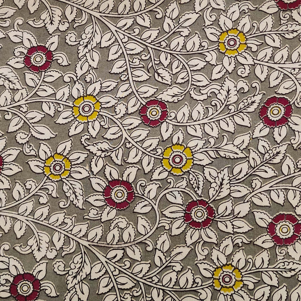 Pure Cotton Kalamkari Grey With Red And Yellow Flower Jaal Hand Block Print Fabric