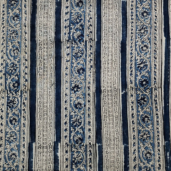 Pure Cotton Kalamkari  Blue With Rust Stripes And Block Print Fabric