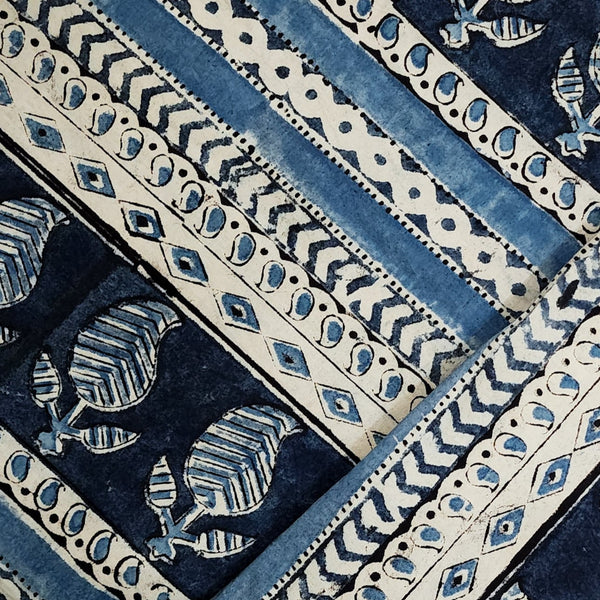 Pure Cotton Kalamkari Kairi And Intricate Border With  Cream And Blue And Black Hand Block Print Fabric