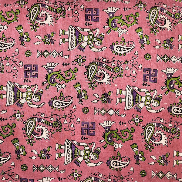 Pure Cotton Kalamkari Light Pink With Purple Intricate Design Hand Block Print Fabric