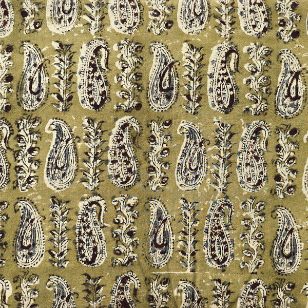 ( Pre-Cut 1.20 Meter ) Pure Cotton Kalamkari Mehindi Green With Cream And Brown Kairi Motif All Over Fabric Hand Block Print Fabric