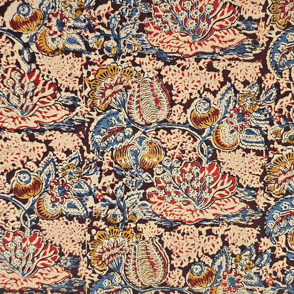 Pure Cotton Kalamkari Maroon With Blue And Cream Intricate Wild Jungle Flower Jaal Hand Block Print Fabric