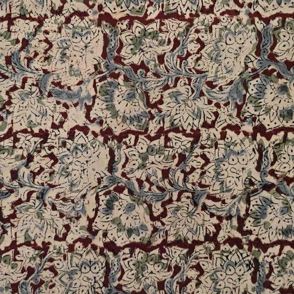 Pure Cotton Kalamkari Maroon With Cream And Grey Jungle Flower Jaal Hand Block Print Fabric