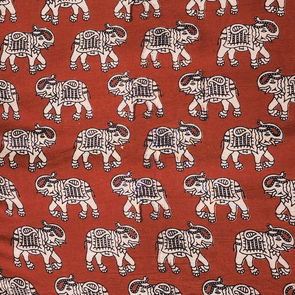 Pure Cotton Kalamkari Maroon With Cream Elephant Hand Block Print Fabric