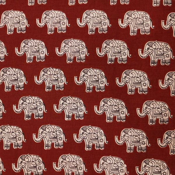 Pure Cotton Kalamkari Maroon With Cream Elephant Motifs Hnad Block Print Fabric