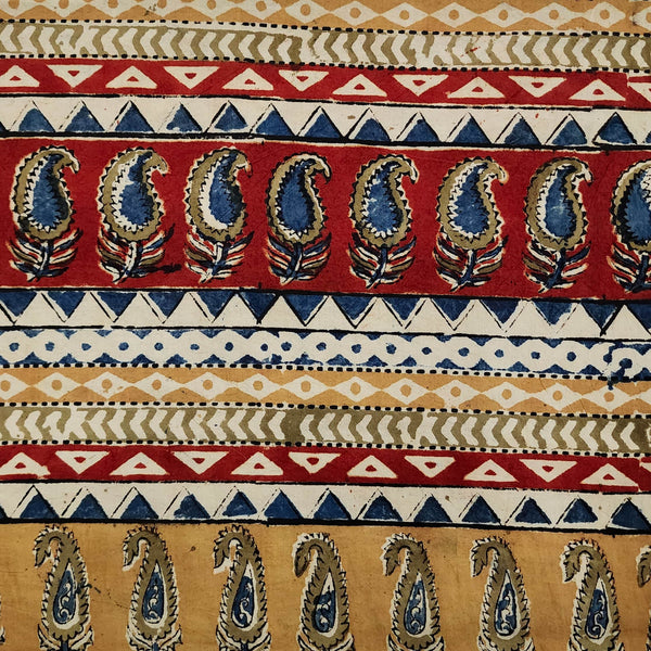 Pure Cotton Kalamkari Mustard And Rust With Kairi Design Border Hand Block Print Fabric