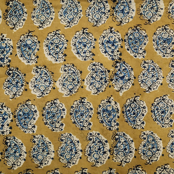 Pure Cotton Kalamkari Mustard Blue Mahindi Design Kairi Hand Block Print Fabric