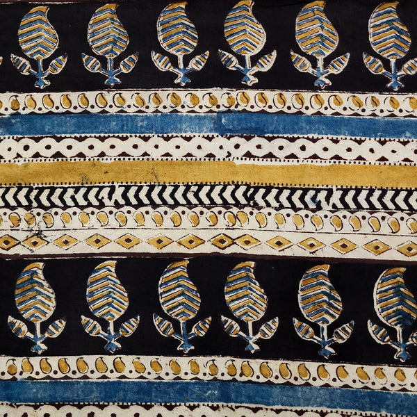 Pure Cotton Kalamkari Mustard With Black Big Kairi Border Hand Block Print Fabric