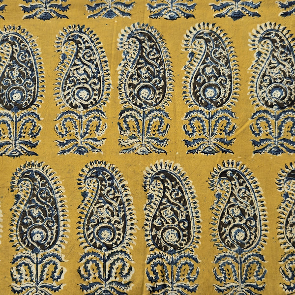 Pure Cotton Kalamkari Mustard With Blue Big Kairi Motif Hand Block Print Fabric