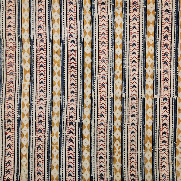 Pure Cotton Kalamkari Mustard With Blue Border Stripes Hand Block Print Fabric