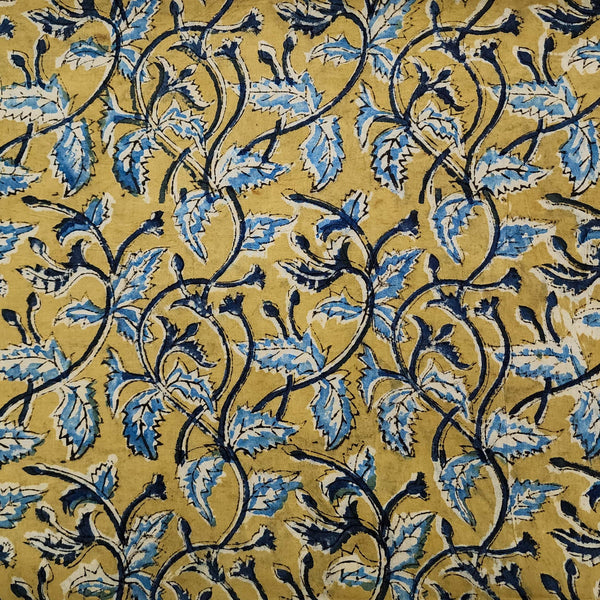 Pure Cotton Kalamkari Mustard With Blue Flower Jaal Hand Block Print Fabric