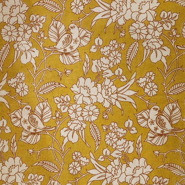 Pure Cotton Kalamkari Mustard With Cream Flower Jaal Hand Block Print Fabric