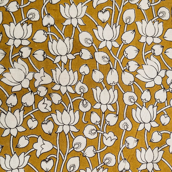 Pure Cotton Kalamkari Mustard With Cream Lotus Hand Block Print Fabric