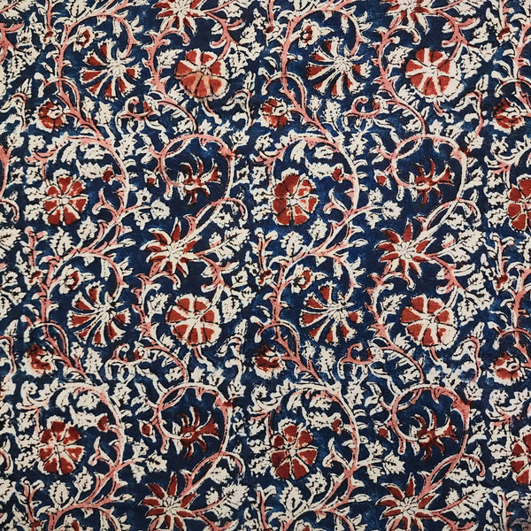 Pure Cotton Kalamkari Navy Blue With Rust Jaal Hand Block Print Fabric