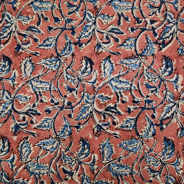 Pure Cotton Kalamkari Pink With Blue Flower Jaal Hand Block Print Fabric