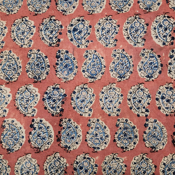 Pure Cotton Kalamkari Pink With Blue Flower Kairi Motifs Hand Block Print Fabric