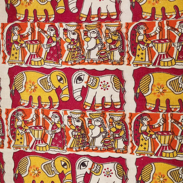 Pure Cotton Kalamkari Pink With Cream And Orange Elephant And Trade Dance Hand Block Print Fabric