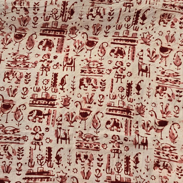 Pure Cotton Kalamkari Red And Off White Village Hand Block Print Fabric