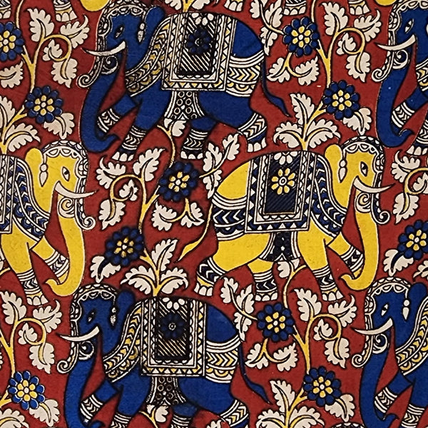 Pure Cotton Kalamkari Red With Blue And Yellow Elephants Design Hand Block Print Fabric