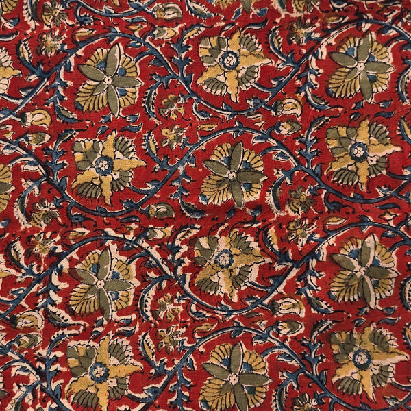 Pure Cotton Kalamkari Red With Green With Blue Flower Jaal Screen  Print