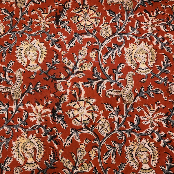 Pure Cotton Kalamkari Red With Light Green And Blue Fruit Jaal Hand Block Print Fabric