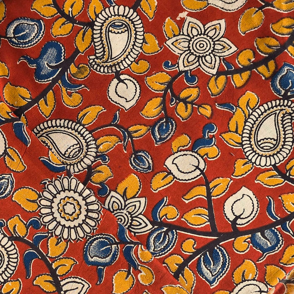 Pure Cotton Kalamkari Red With White And Blue And Yellow Flower Jaal Screen Print Fabric