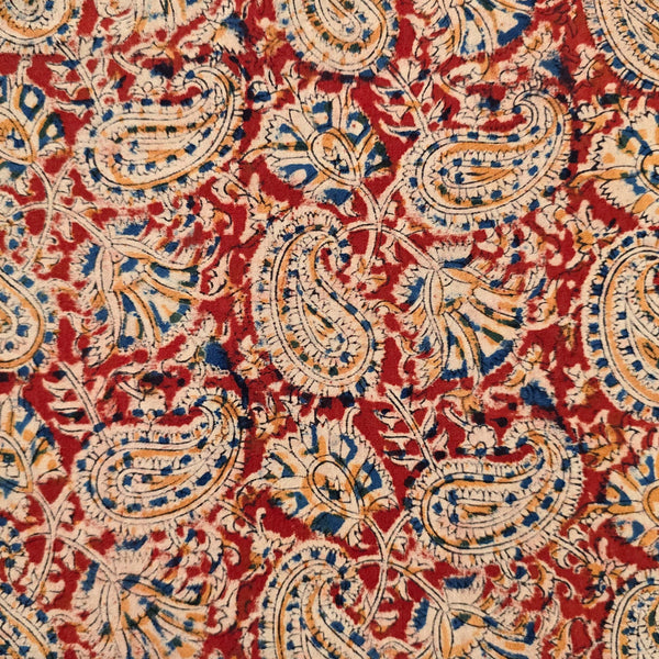 Pure Cotton Kalamkari Rust Red With Cream And Mustard Kairi Jaal Hand Block Print Fabric